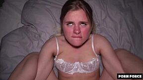 Whoa, this teen with huge natural tits is riding cowgirl so passionately! 🔥🍑