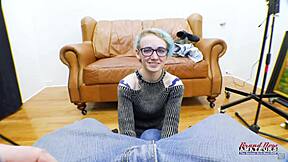 shy petite blue-haired nerd gives sloppy deepthroat with innocent eyes