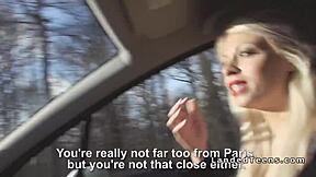 Red lip blonde hitchhiker sucks cock hard in car