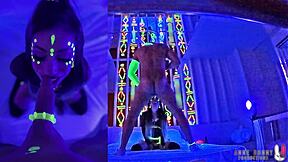 Anne Bonny, neon rave goddess, takes hard glowing cock at party