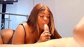 Petite teen 18+ stepsister masturbates and gags while choking on cock, receiving a homemade creampie