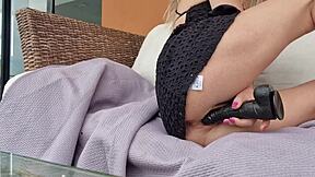 Hot girl bends over for pussy masturbation in doggystyle.