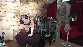 An amateur brunette Czech teen dances behind the scenes during a photoshoot, teasing the camera with subtle undressing.