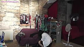 An amateur brunette Czech teen dances behind the scenes during a photoshoot, teasing the camera with subtle undressing.