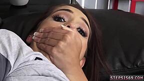 Hot blonde teen 18+ with big boobs boldly sucks her stepbrother's banana intensely.