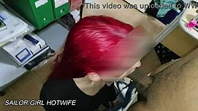 Sailor girl hotwife gives blowjob at work during lunch break