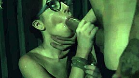 Teen girl with glasses dominated by men in hardcore bdsm