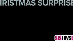 During christmas, a young man enjoys a threesome with his stepsisters in a festive setting.