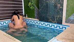 we got alone at home with my cousin and fucked hard in the pool