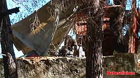 Small Teen Brunette Fucked in Paintball Station