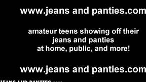 Petite teen struggles to put on super tight skinny jeans