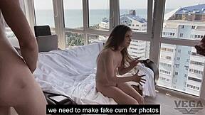 Behind the scenes at Legalporno, a newbie petite girl gets double penetration in a funny group bang