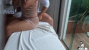 During a steamy massage, the Latina in a short dress teased the tantric therapist until I climaxed hard grabbing his cock.
