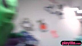 College teens in costumes at dorm party, let's have group sex