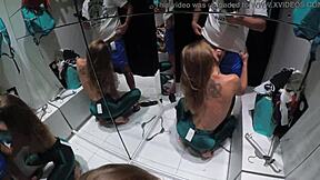 Amateur couple Sasha Bikeyeva gives casual blowjob in fitting room