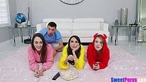 Big cocked stepbro crashes slumber party, fucking teen 18+s in 4some with blowjobs and cocks
