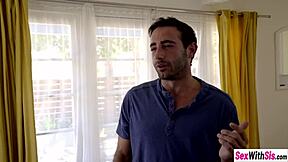 stepsister sits on stepbrother's lap in cowgirl position for a family chat.