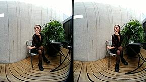 young goddess smokes topless in leather skirt at vrpussyvision com