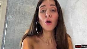 wet brunette gets bent over in the shower for doggystyle