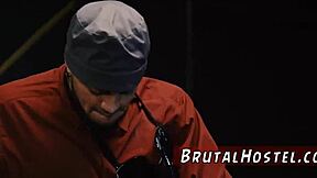 Blonde hottie bound in rough anal gangbang and swallows cum