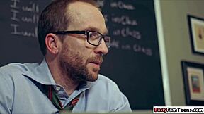 The slutty teen 18+ gets banged by her instructor in a group session. They kiss, suck, and deepthroat cocks together.