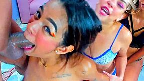 cock addicted sluts give sloppy deepthroat blowjobs with spit to their stepbrother in sex tape