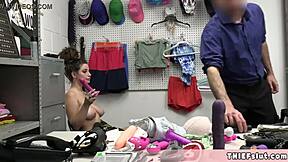 i caught this brunette shoplifter stealing huge vibrators at the sex shop and decided to punish her roughly with my big cock on her petite ass. she moaned as i fucked her tight pussy hard.