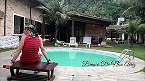 Melissa fucks the couple by the pool