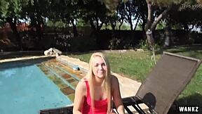 Blonde celebrity in bikini fantasy scene with rough elements