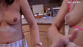 Teen Bakers Sharing A Cock In The Kitchen With Blowjobs