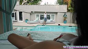 This big dude caught this Asian babe and wouldn't let her go.