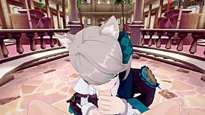 Lynette engages in an intimate point-of-view scene in the Genshin Impact premium edition.