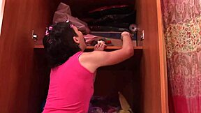 Sexy skinny in MINI SKIRT RIDES DILDO at home roughly