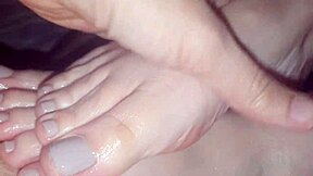 Redhead Gives Blowjob and Footjob Cumshot