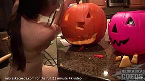 Hot Teen Babe Carves Pumpkin for Halloween Before Wild Sofa Action