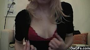 A young 18+ blonde performs striptease and masturbation on webcam.