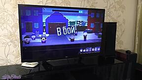 Girl playing video games shoots crude with a young amateur creampie