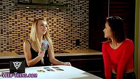 Tiny teen 18+ explores lesbian licking with blonde friend.