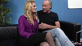 sexy blonde applicant chloe seduces to rough mmf threesome sex by old guy