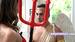 Virgin asian stepdaughter ditches angel costume 😈