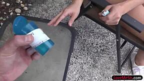 Naughty stepsis gets punished by stepbro outside. I sucked his monster cock in the garage.