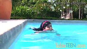 I finger my shaved pussy by the pool as a petite 18+ latina