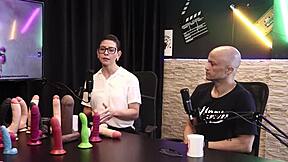 Eilani Quina and Victor Luciano explore different toys in sheer red lingerie.