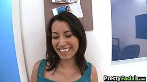 hot latina jessi foster gets cum on face in amateur facial cumshot, but is it 1 on 2 or 2 on 1?