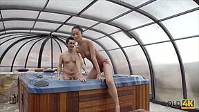 wet fucking in jacuzzi contrasts young teen 18+ and old man desires.