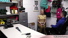 lovely skinny blonde shoplifter interacts with mall cop