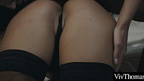 Stunning Lesbian Strips Girlfriend's Lingerie and Licks Shaved Pussy