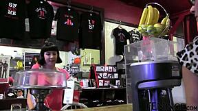 black haired lesbian moans, 'lick my pussy in this cafe party with strapon and fingering.'