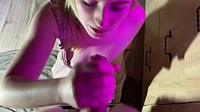 Housewife delivers a juicy blowjob right in the kitchen.