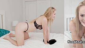 Roleplay anal with busty blonde roomie in lingerie.